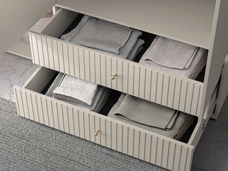 Drehtürenschrank Caletto 150 cm mit zwei Schubladen, dekorative Lamellen, beige