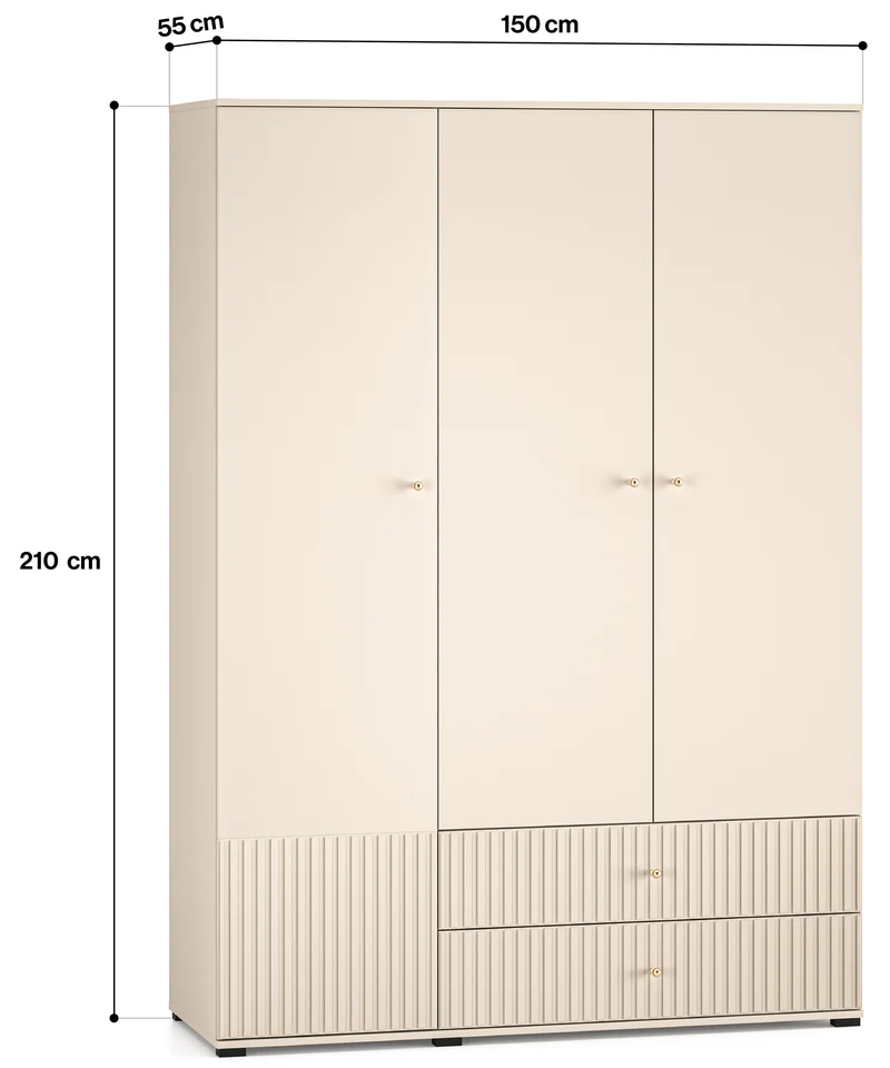 Drehtürenschrank Caletto 150 cm mit zwei Schubladen, dekorative Lamellen, beige