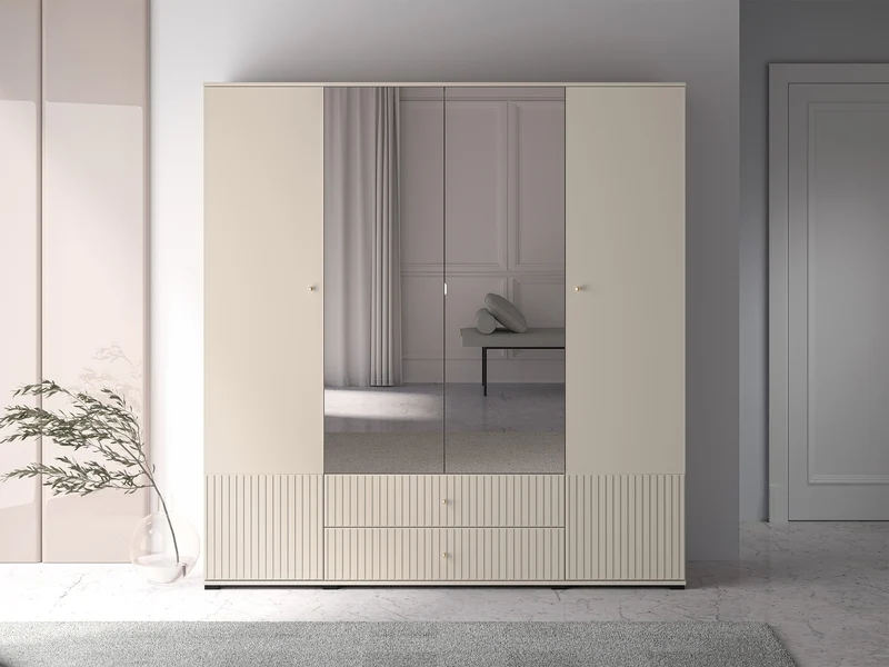 Vier­türiger Schrank Caletto 200 cm mit zwei Schubladen und Spiegel, dekorative Lamellen, beige