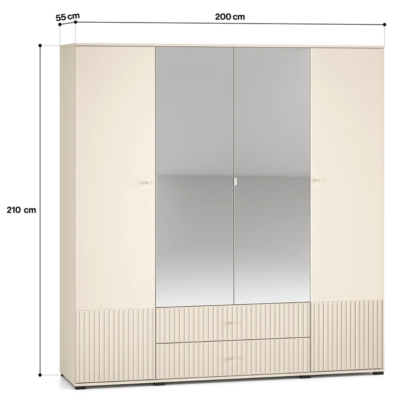 Vier­türiger Schrank Caletto 200 cm mit zwei Schubladen und Spiegel, dekorative Lamellen, beige