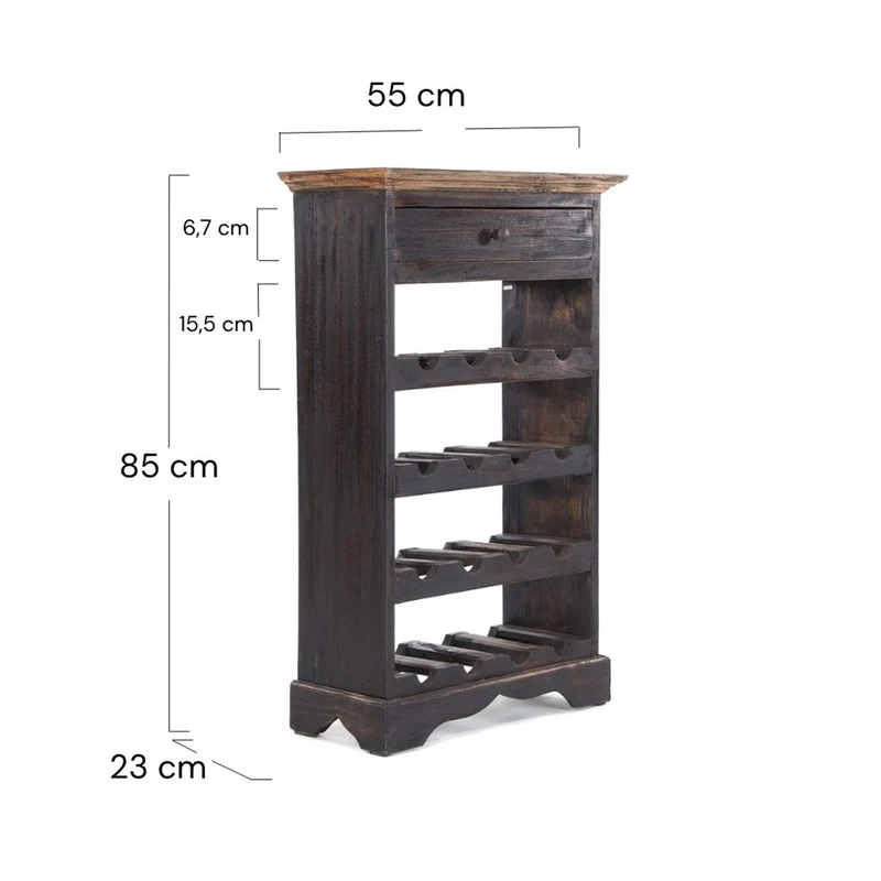 WEINREGAL CORTEZ | 85x55cm(HxB) Flaschenregal aus Holz mit Schublade | Farbe: 04 schwarz-natur