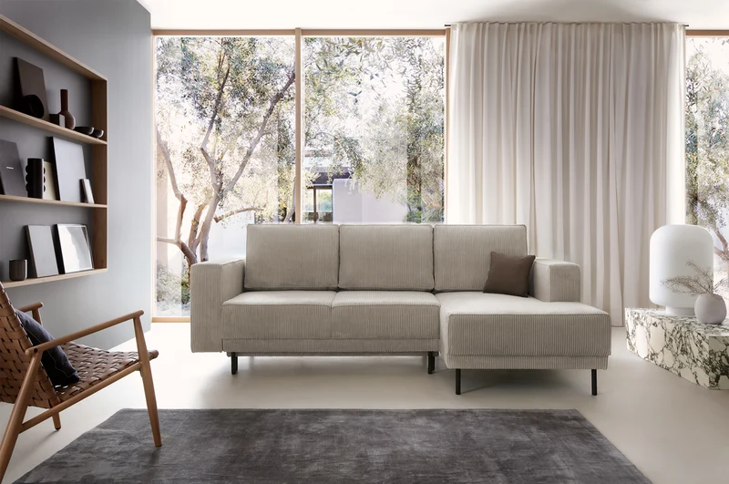 Ecksofa mit Schlaffunktion Rodario Mini, L-förmig, mit Stauraum, dunkelbeige Cord, rechtsseitig