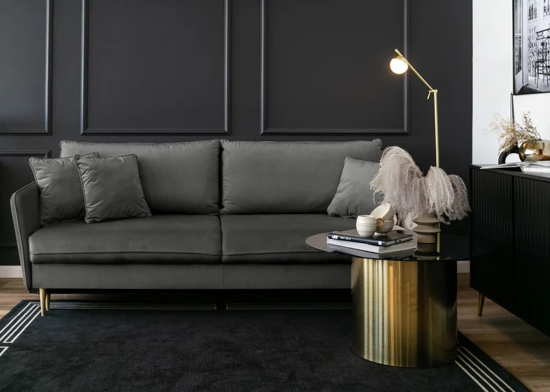 Dreisitziges ausklappbares Sofa Volio, grau, samt, wasserabweisend, goldene Beine