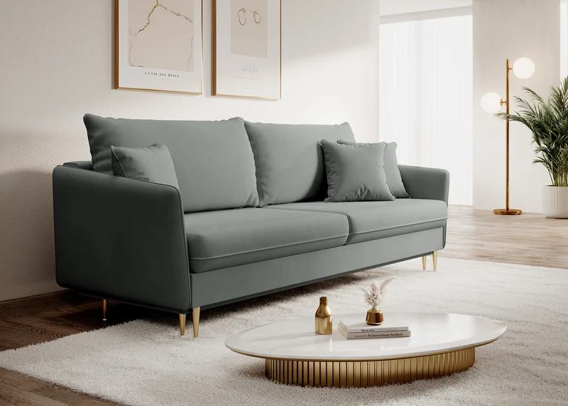 Dreisitziges ausklappbares Sofa Volio, grau, samt, wasserabweisend, goldene Beine