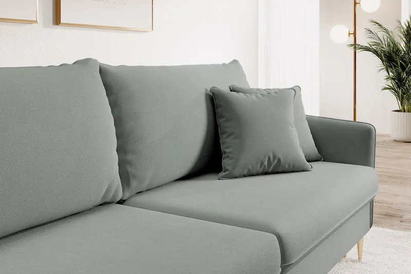 Dreisitziges ausklappbares Sofa Volio, grau, samt, wasserabweisend, goldene Beine