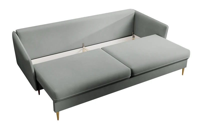 Dreisitziges ausklappbares Sofa Volio, grau, samt, wasserabweisend, goldene Beine