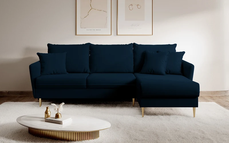 Ecksofa mit Schlaffunktion Volio, samtig blau, wasserabweisend, goldene Beine