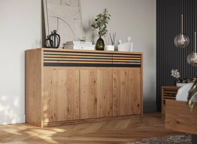 Modernes Sideboard aus massiver Wildeiche | Dreitürige Kommode Ravello mit zwei Schubladen