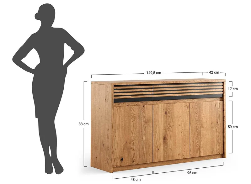 Modernes Sideboard aus massiver Wildeiche | Dreitürige Kommode Ravello mit zwei Schubladen