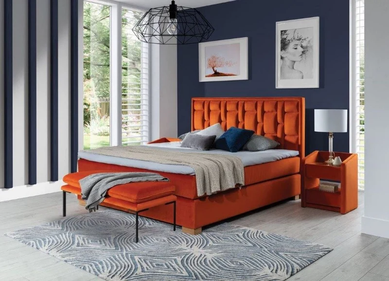 Casa Padrino Luxus Doppelbett Orange / Naturfarben - Modernes Massivholz Bett mit Kopfteil und Matratze - Moderne Schlafzimmer Möbel - Luxus Kollektion