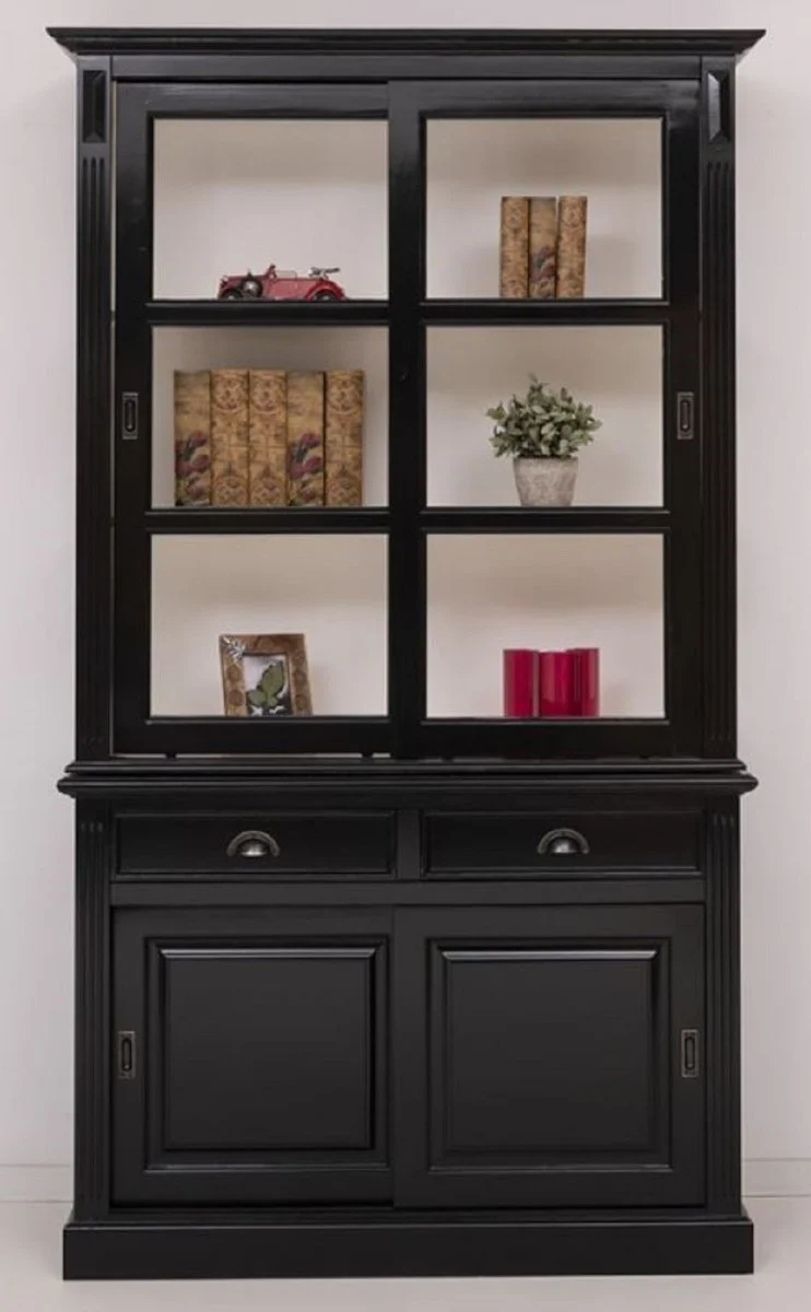 Casa Padrino Landhausstil Schrank Schwarz / Weiß 128 x 51 x H. 220 cm - Massivholz Vitrine mit 4 Schiebetüren und 2 Schubladen - Landhausstil Massivholz Möbel