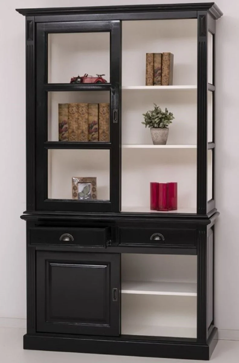 Casa Padrino Landhausstil Schrank Schwarz / Weiß 128 x 51 x H. 220 cm - Massivholz Vitrine mit 4 Schiebetüren und 2 Schubladen - Landhausstil Massivholz Möbel