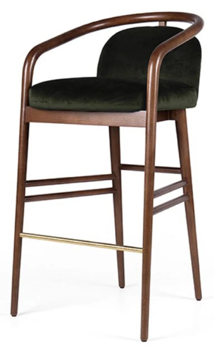Casa Padrino Luxus Barstuhl mit Armlehnen Dunkelgrün / Braun / Gold 53 x 50 x H. 91 cm - Gepolsterter Massivholz Barhocker mit edlem Samtstoff - Luxus Barmöbel