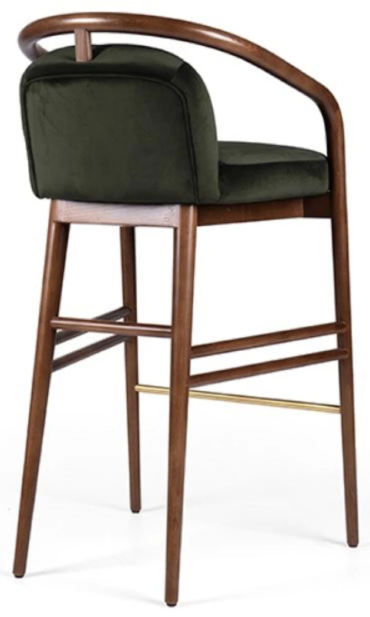 Casa Padrino Luxus Barstuhl mit Armlehnen Dunkelgrün / Braun / Gold 53 x 50 x H. 91 cm - Gepolsterter Massivholz Barhocker mit edlem Samtstoff - Luxus Barmöbel