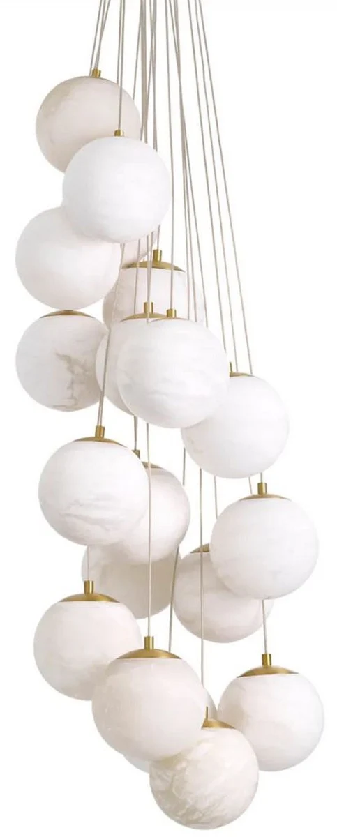 Casa Padrino Luxus Kronleuchter Alabaster / Antik Messing Ø 75 x H. 170 cm - Wohnzimmer Kronleuchter mit Alabaster Lampenschirmen - Luxus Qualität