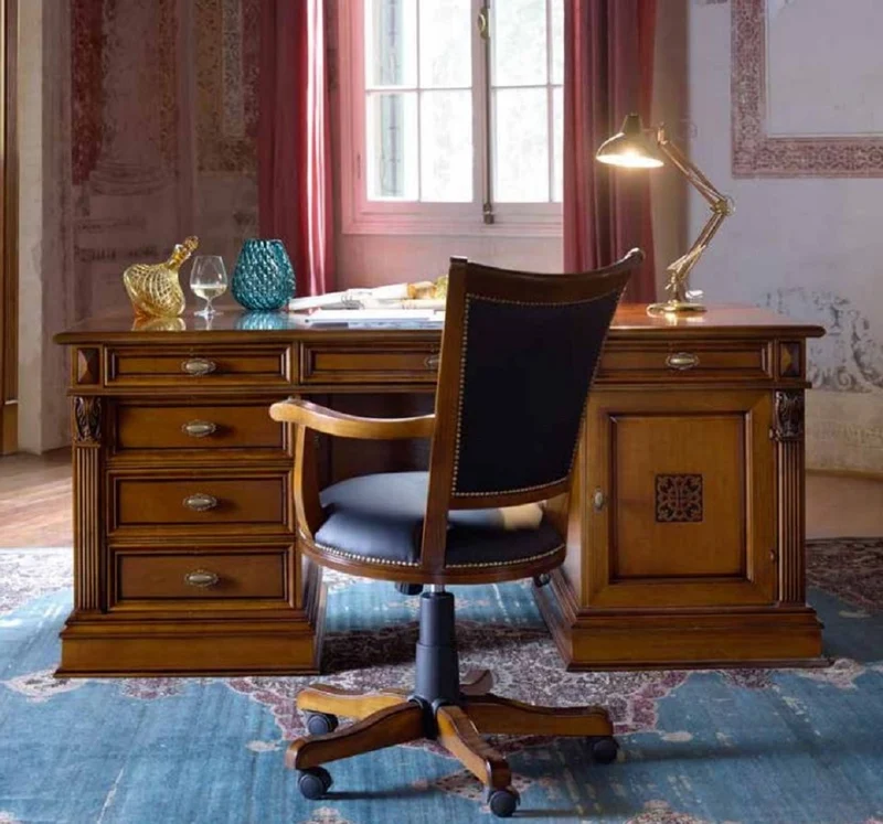 Casa Padrino Luxus Bürostuhl Schwarz / Braun - Höhenverstellbarer Schreibtischstuhl - Drehstuhl mit edlem Kunstleder - Luxus Büro Möbel - Luxus Qualität - Made in Italy