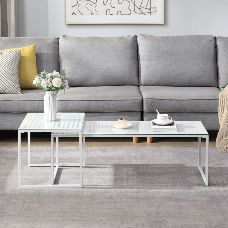 Satztisch Glas & Metall 2er-Set in Weiß, Couchtisch für Wohnzimmer