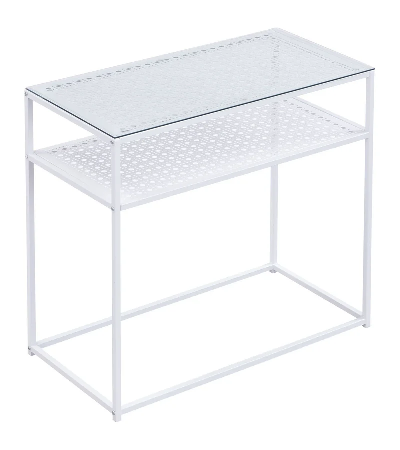 Konsolentisch Glas Metall Weiß, Flurtisch mit Ablage im Loft-Stil