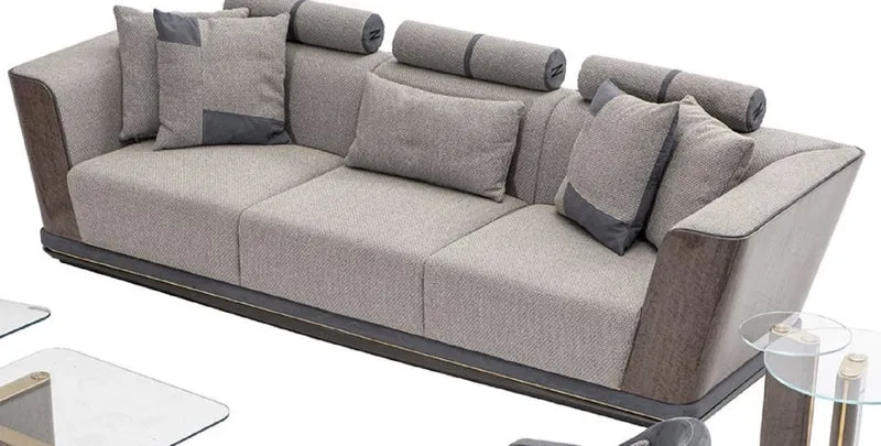 Casa Padrino Luxus Sofa Grau / Blau / Gold 280 x 98 x H. 85 cm - Wohnzimmer Sofa - Hotel Sofa - Wohnzimmer Möbel - Wohnzimmer Einrichtung - Hotel Möbel - Luxus Möbel - Luxus Einrichtung
