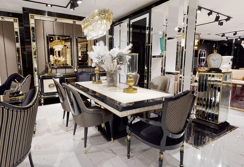 Casa Padrino Luxus Art Deco Esstisch Weiß / Schwarz / Gold - Art Deco Esszimmer Tisch - Art Deco Esszimmer Möbel - Luxus Qualität