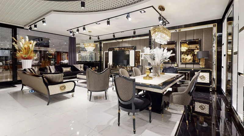 Casa Padrino Luxus Art Deco Esstisch Weiß / Schwarz / Gold - Art Deco Esszimmer Tisch - Art Deco Esszimmer Möbel - Luxus Qualität
