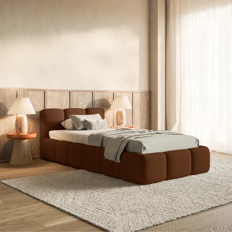 Polsterbett 90x200 cm Cloudy Low mit Stauraum, Metallrahmen, kupferfarbenes Chenille, wasserabweisend