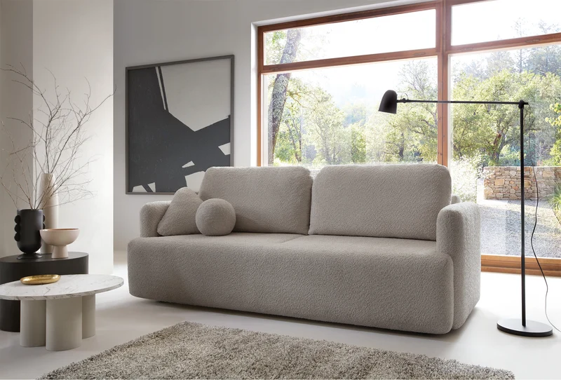 Dreisitziges ausklappbares Sofa Lambina mit Stauraum, dunkelbeige Bouclé