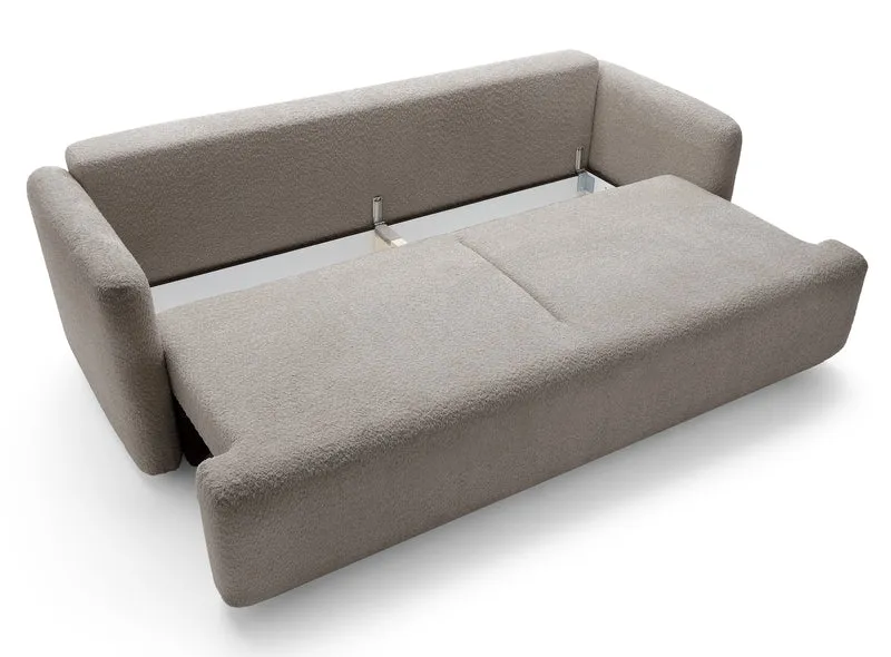 Dreisitziges ausklappbares Sofa Lambina mit Stauraum, dunkelbeige Bouclé