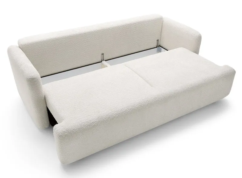 Dreisitziges ausklappbares Sofa Lambina mit Stauraum, cremefarbenes Bouclé