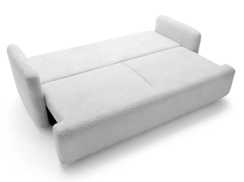 Dreisitziges ausklappbares Sofa Lambina mit Stauraum, hellgrauer Bouclé-Stoff