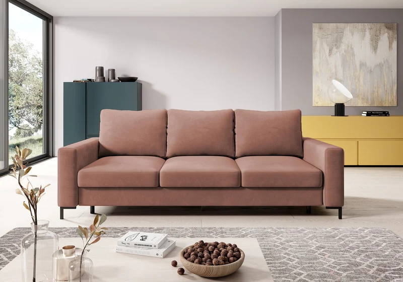 Dreisitziges Schlafsofa Mokpeo mit Stauraum, rosa Velours, leicht zu reinigen