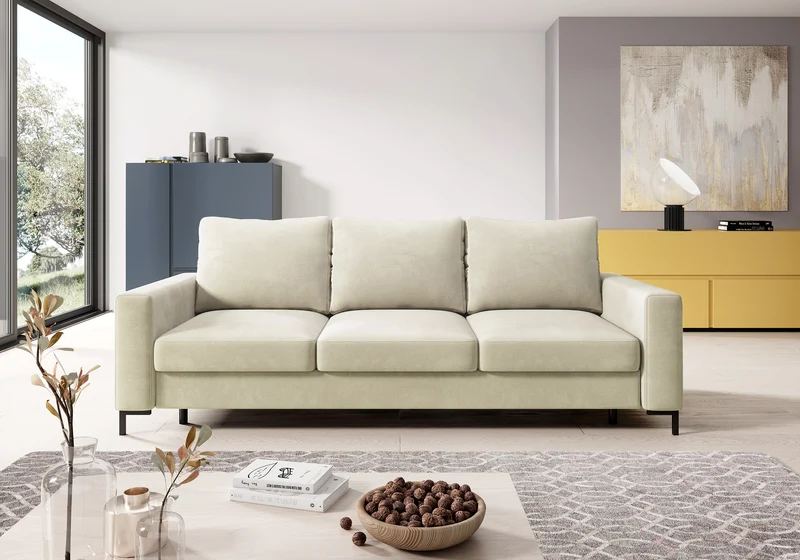 Dreisitziges ausklappbares Sofa Mokpeo mit Stauraum, beige, pflegeleichter Samtstoff