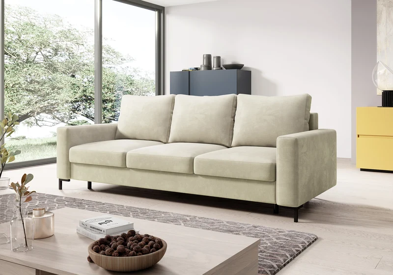 Dreisitziges ausklappbares Sofa Mokpeo mit Stauraum, beige, pflegeleichter Samtstoff