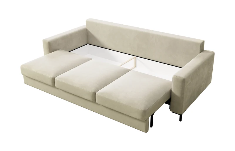 Dreisitziges ausklappbares Sofa Mokpeo mit Stauraum, beige, pflegeleichter Samtstoff
