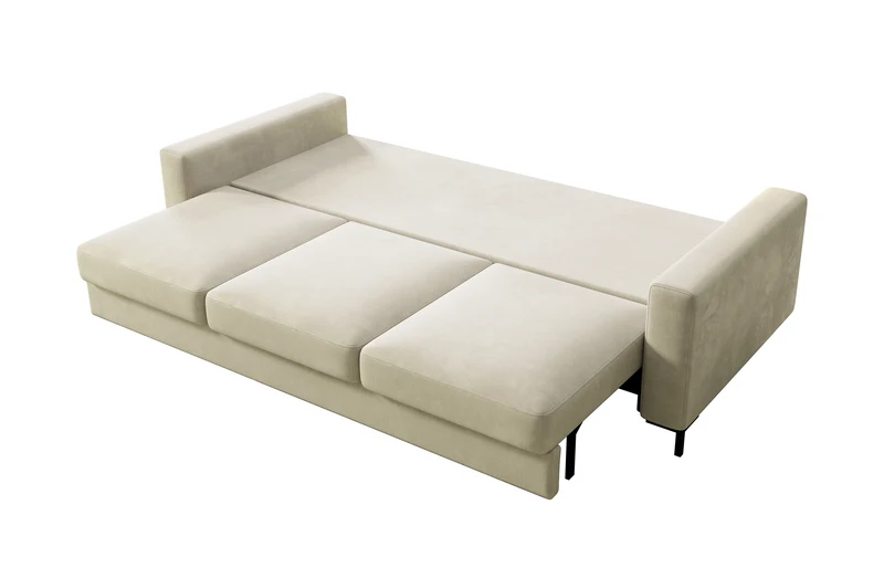 Dreisitziges ausklappbares Sofa Mokpeo mit Stauraum, beige, pflegeleichter Samtstoff