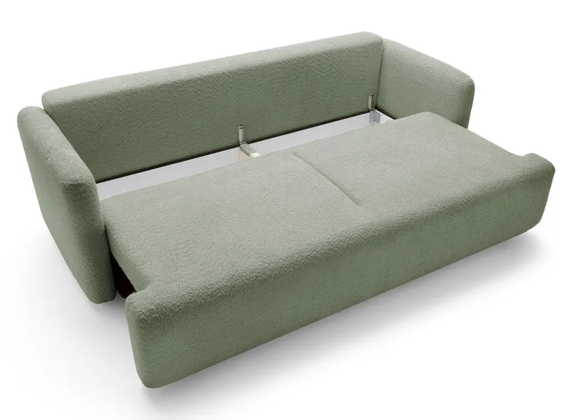 Dreisitziges ausklappbares Sofa Lambina mit Stauraum, Salbeigrüner Bouclé-Bezug