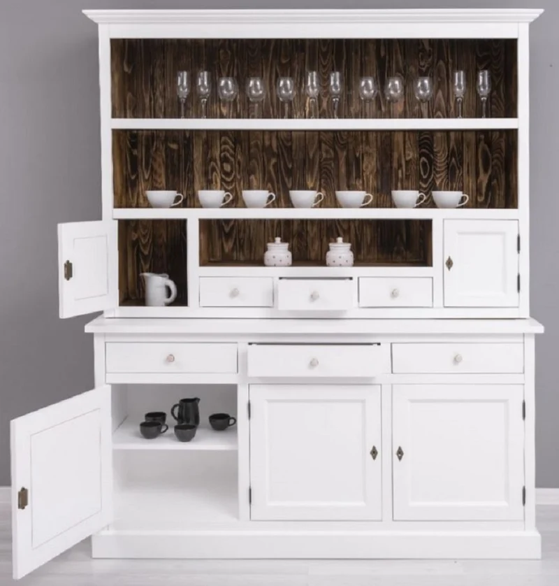Casa Padrino Landhausstil Esszimmerschrank Weiß / Dunkelbraun 179 x 50 x H. 210 cm - Massivholz Küchenschrank - Esszimmer Möbel im Landhausstil - Landhausstil Esszimmer Einrichtung