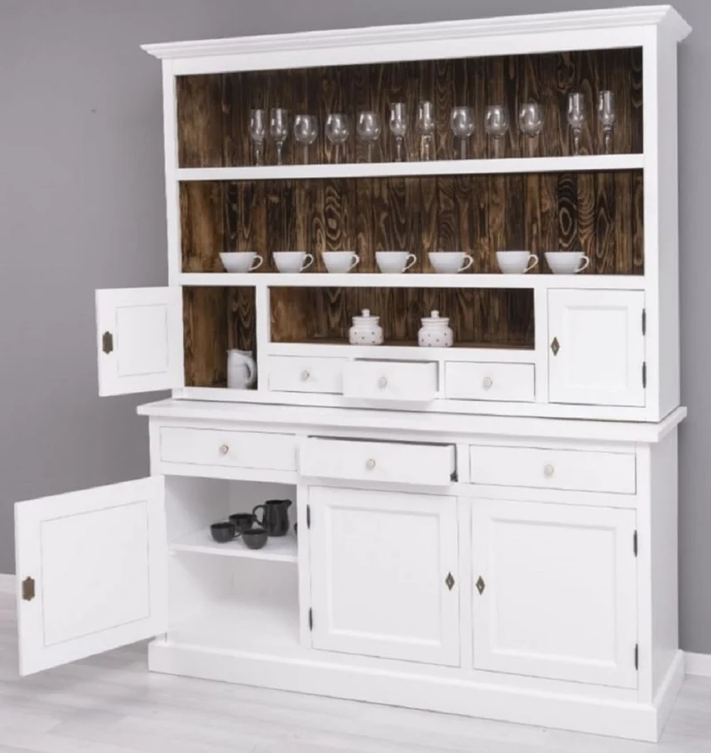 Casa Padrino Landhausstil Esszimmerschrank Weiß / Dunkelbraun 179 x 50 x H. 210 cm - Massivholz Küchenschrank - Esszimmer Möbel im Landhausstil - Landhausstil Esszimmer Einrichtung