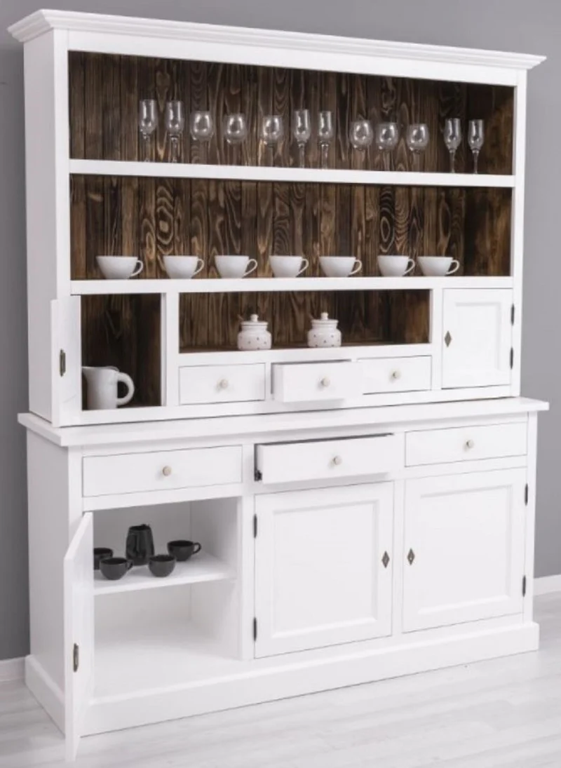 Casa Padrino Landhausstil Esszimmerschrank Weiß / Dunkelbraun 179 x 50 x H. 210 cm - Massivholz Küchenschrank - Esszimmer Möbel im Landhausstil - Landhausstil Esszimmer Einrichtung