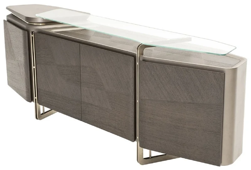 Casa Padrino Luxus Sideboard Grau / Silber 250 x 50 x H. 86 cm - Massivholz Schrank mit 4 Türen und Glasplatte - Luxus Möbel - Hotel Möbel - Luxus Einrichtung