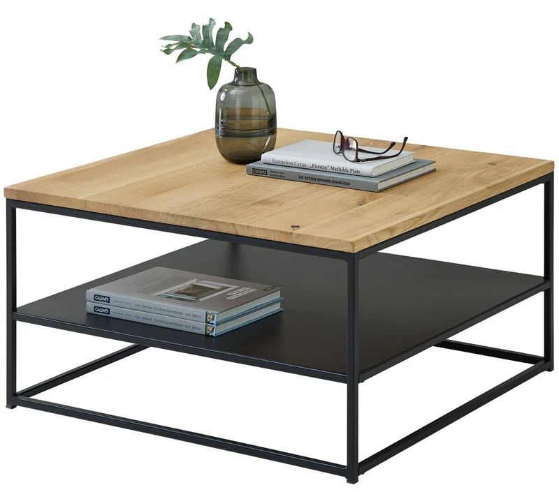Couchtisch TILDA 75 x 75 Platte Eiche geölt Metallgestell mit Ablage