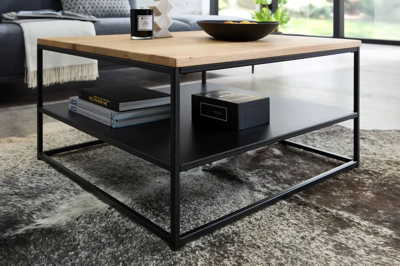 Couchtisch TILDA 75 x 75 Platte Eiche geölt Metallgestell mit Ablage
