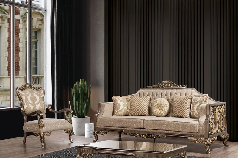 Casa Padrino Luxus Barock Sofa Grau / Beige / Silber / Gold - Prunkvolles Wohnzimmer Sofa mit Muster - Barock Wohnzimmer Möbel - Edel & Prunkvoll