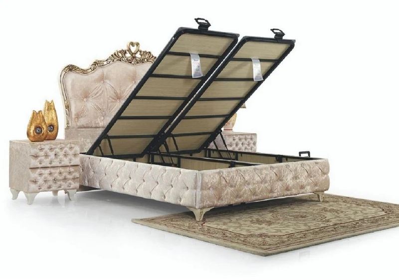 Casa Padrino Luxus Barock Schlafzimmer Möbel Set Beige / Cremefarben / Braun - Verschiedene Größen - 1 Barock Doppelbett & 2 Barock Nachtkommoden - Barock Schlafzimmer & Hotel Möbel