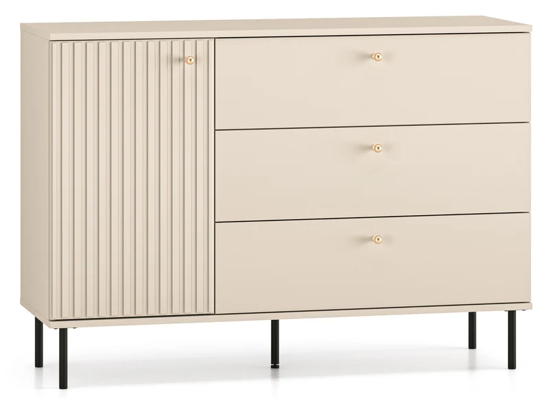 Einflügler-Kommode Caletto mit drei Schubladen, 120 cm, dekorative Lamellen, beige
