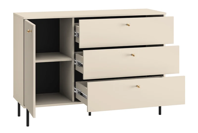 Einflügler-Kommode Caletto mit drei Schubladen, 120 cm, dekorative Lamellen, beige