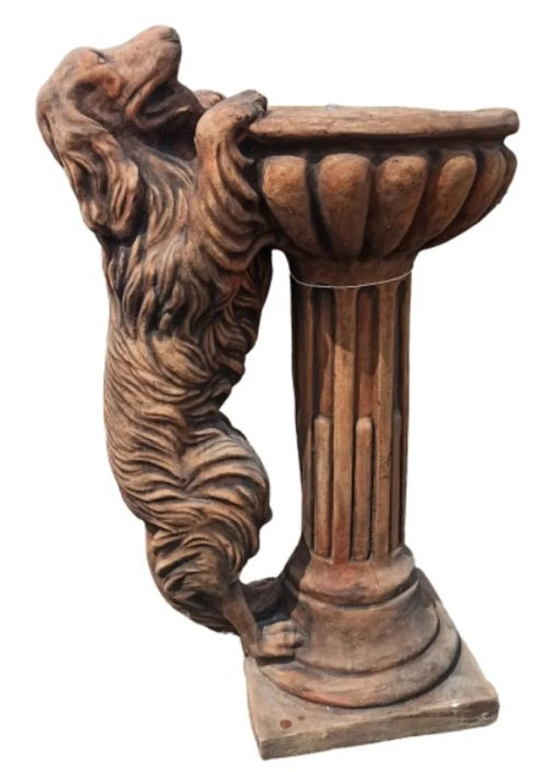 Casa Padrino Barock Vogeltränke mit dekorativer Hunde Skulptur Antik Braun H. 100 cm - Garten Deko Stein Vogelbad - Garten & Terrassen Deko Accessoires im Barockstil