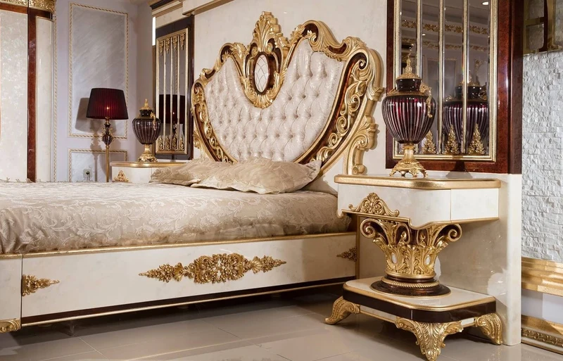 Casa Padrino Luxus Barock Schlafzimmer Set Gold / Weiß / Braun / Gold - 1 Doppelbett mit Kopfteil & 2 Nachtkommoden - Schlafzimmer Möbel im Barockstil - Edel & Prunkvoll