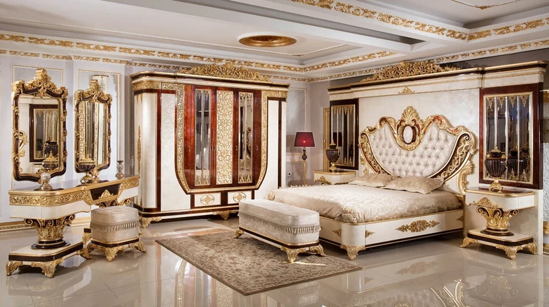 Casa Padrino Luxus Barock Schlafzimmer Set Gold / Weiß / Braun / Gold - 1 Doppelbett mit Kopfteil & 2 Nachtkommoden - Schlafzimmer Möbel im Barockstil - Edel & Prunkvoll