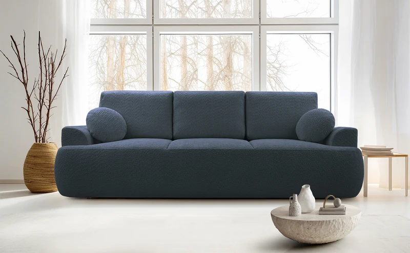 Dreisitziges Schlafsofa Barletto mit Stauraum, dunkelgrauer Bouclé-Stoff